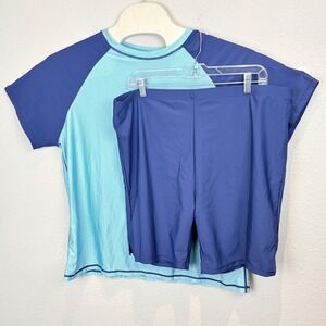 Inno NWT Womens 2X Blue Rash Guard Swim Shorts Set UV Protection Blue Aqua